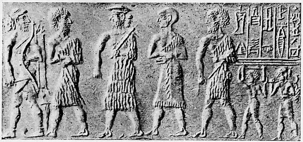 Cylinder seal of the scribe Kalki, showing Prince Ubil-Eshtar, probable brother of Sargon, with dignitaries Inscription: "Ūbil-Aštar, brother of the king: KAL-KI the scribe, (is) his servant. (Public Domain)