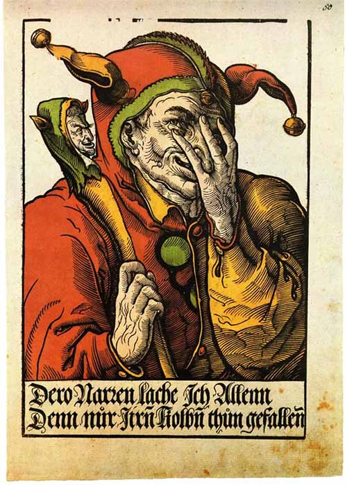 A jester shown with a marotte in a 1540 woodcut by Heinrich Vogtherr the Younger (Public Domain)