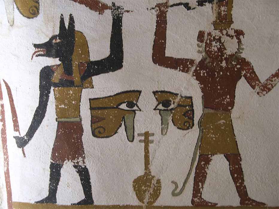 Jackal and lion-headed cavern deities that feed on the souls of the wicked, from the Tomb of Sadosiris (El Muzawaka, Dakhla Oasis) (CC BY-SA 2.0)