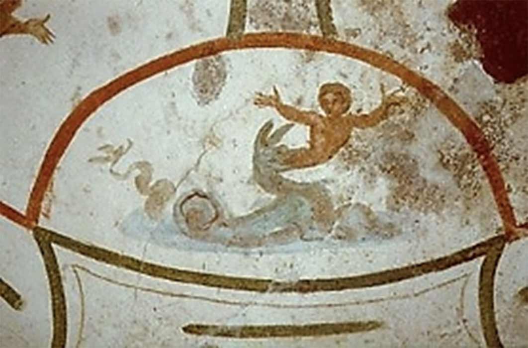 Cetus vomiting Jonah onto shore. (Third Century AD) Roman Catacombs (Pinterest)