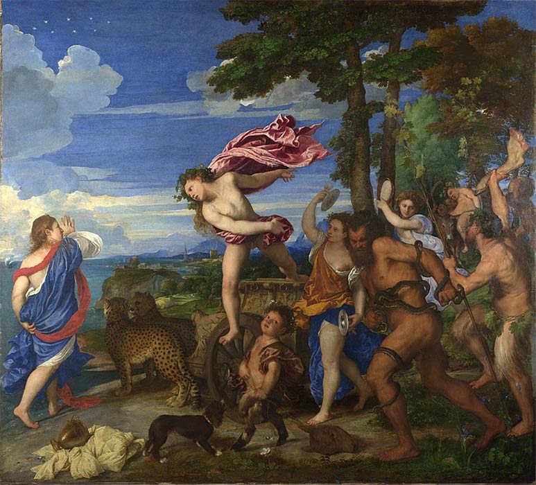 Dionysus discovers Ariadne on the shore of Naxos. The painting also depicts the constellation named after Ariadne by Titian (1523) National Gallery (Public Domain)