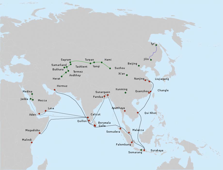 Some of the major long-distance military-diplomatic expeditions of the Yongle and Xuande reigns of the Ming Dynasty (1402-1435). Red circles: cities thought to have been visited by the fleets of Zheng He, or the elements of the fleet, on the seventh and/or earlier voyages. Green circles: important places in the biography of Zheng He (CC BY-SA 1.0)