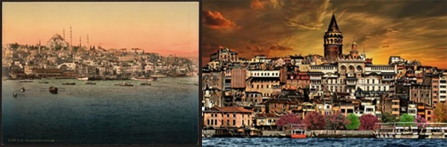 To the left lies Europe, old Trakya 1900 (Public Domain) and to the right lies Asia, old Anatolia (Public Domain)