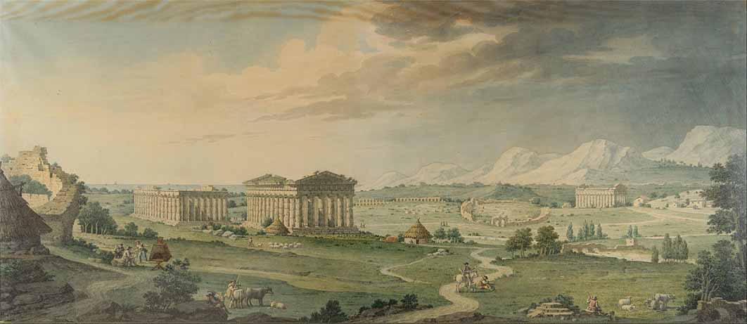 View of the magnificent ruins of the ancient city of Paestum, showing part of the wall and the three temples by Isidro González Velázquez (1837) (Public Domain)