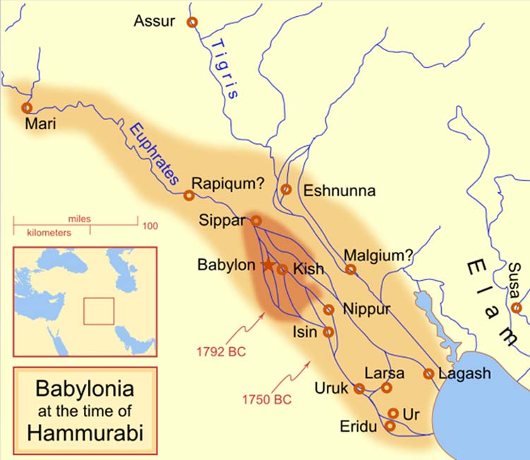 Map showing Lagash located near the shoreline of the gulf