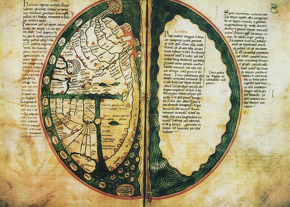 A map in the Liber Floridus Lambert of Saint-Omer oriented with east on top, depicting the known world (Asia, Europe, and Africa) to the left, and Terra Australis to the right (1120) (Public Domain)