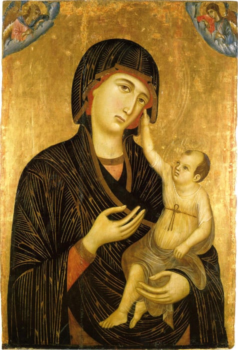 The Madonna and the child with two angels by Duccio di Buoninsegna. 