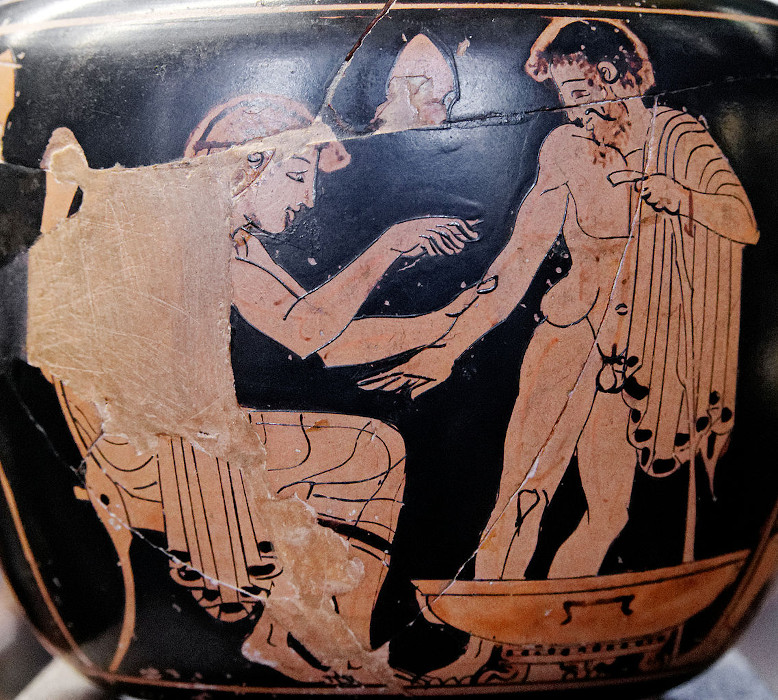 Physician treating a patient. Red-figure Attic aryballos.