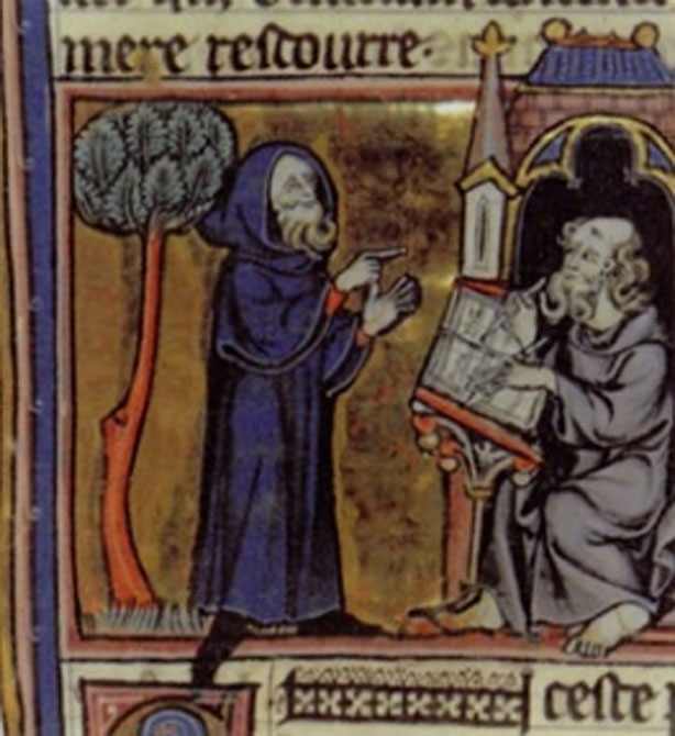 Merlin dictating his prophecies to his scribe, Blaise; French 13th century minature from Robert de Boron's Merlin en prose (written ca 1200)(Public Domain)
