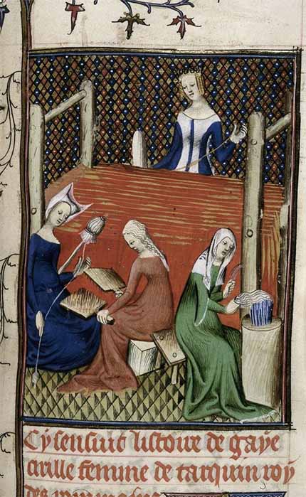 Detail of a miniature of Gaia Caecilia or Tanaquil at her loom, while women spin and card wool. British Library (Public Domain)