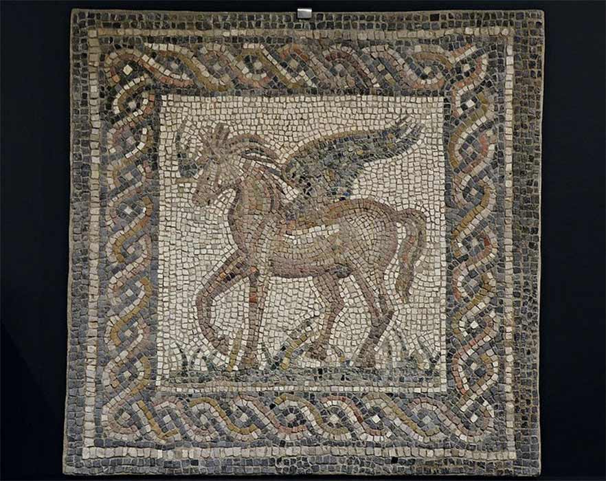 Mosaic emblem with Pegasus, the immortal winged horse which sprang forth from the neck of Medusa when she was beheaded by the hero Perseus, second century AD, Archaeological Museum of Córdoba, Spain (Public Domain)