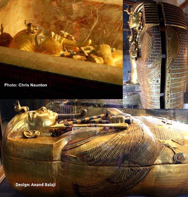 The nest of three dazzling coffins that contained the mummy of Tutankhamun. (Clockwise from left) The boy-king’s outermost, middle and innermost coffins; the last being made of solid gold. Egyptian Museum, Cairo.