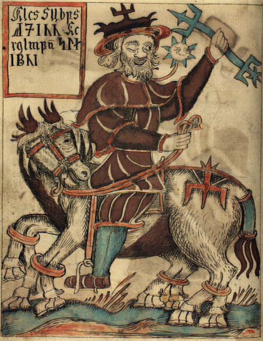 An illustration of Odin on Sleipnir. 