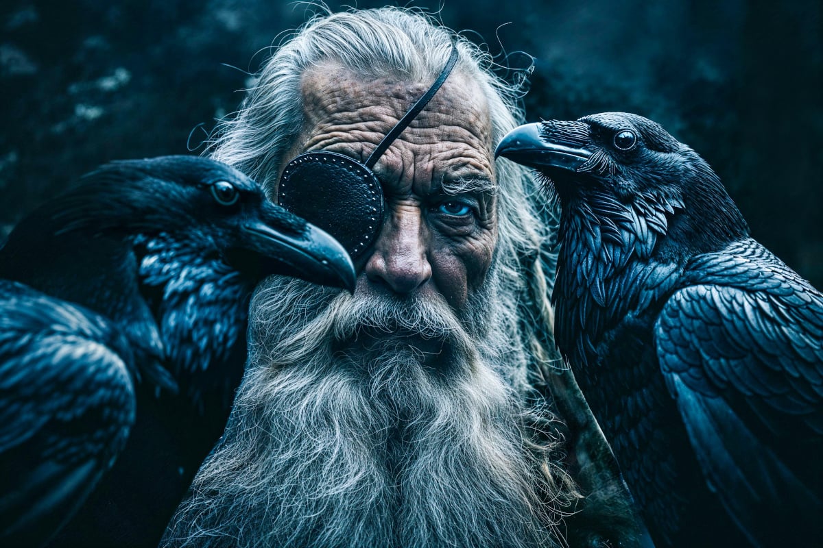 Odin with his two ravens, Huginn and Munninn.