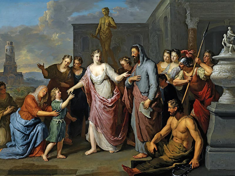 Olympias presenting the young Alexander to Aristotle by Gerard Hoet.