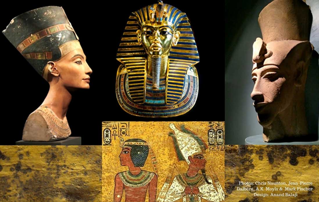  (From left) The painted bust of Queen Nefertiti (Berlin Museum/CC BY 2.0); Tutankhamun’s golden mask (Cairo Museum/CC BY-SA 2.0); remnants of a colossal sculpture of Akhenaten discovered at Karnak (Luxor Museum); funerary scenes on the north wall of KV62 and (Background) fungoid spots on a wall in the tomb.