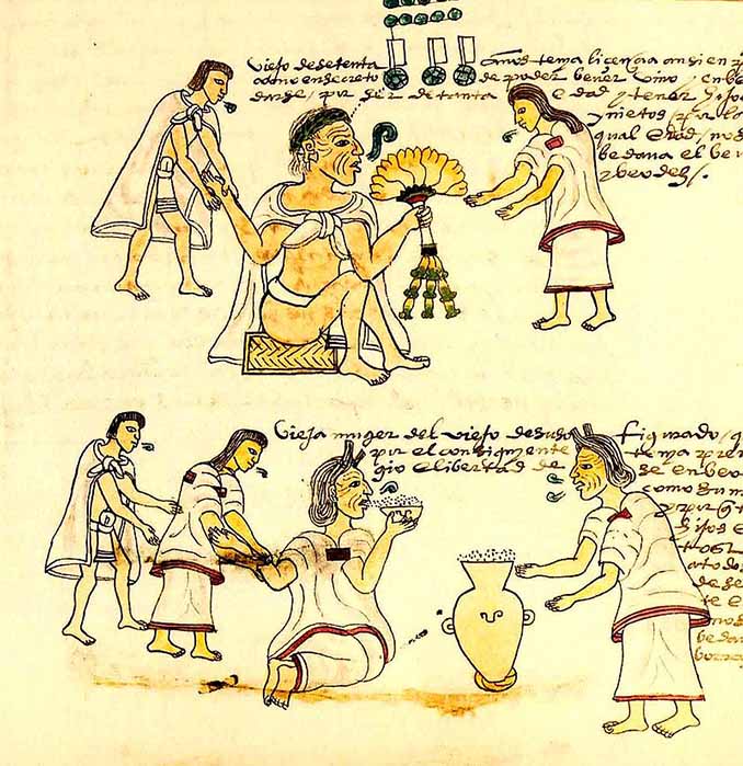 A painting from Codex Mendoza showing an elderly Aztec woman drinking pulque. (Public Domain)