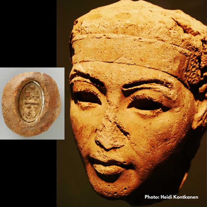 A plaster face-study identified as King Smenkhkare from the Neues Museum, Berlin. (Inset) A terracotta mold with the throne name of this ephemeral ruler. Los Angeles County Museum of Art