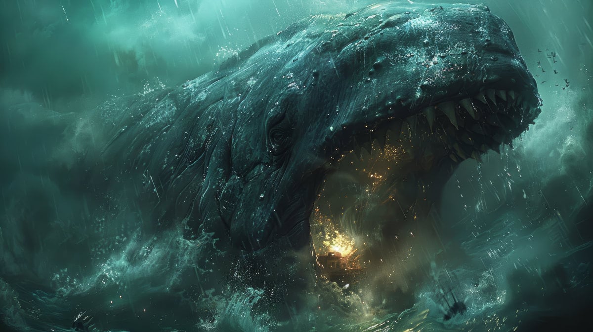 AI image of giant sea monster rising from the depths of the ocean.