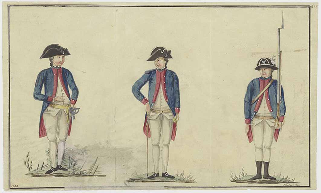 VOC soldier uniforms, c. 1783. Image from the Atlas of Mutual Heritage and the Nationaal Archief, the Dutch National Archives. (Public domain)