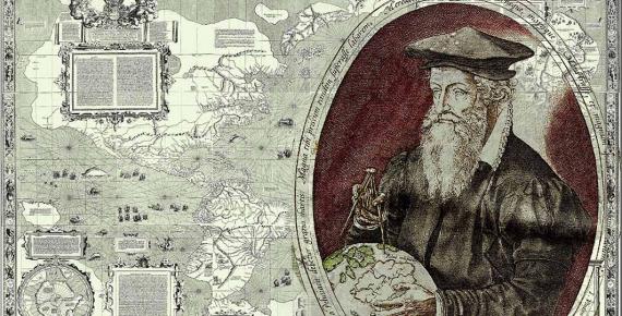 Mercator world map Public Domain and Gerardus Mercator of Rupelmonde at the age of 62 by Frans Hogenburg (1574) (Public Domain)