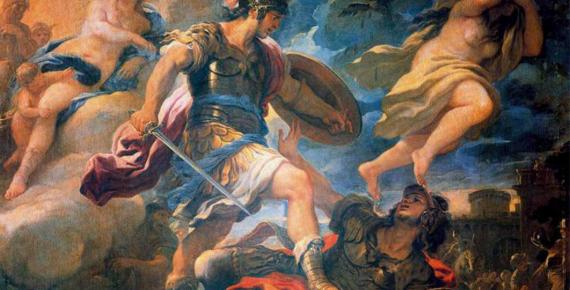 Aeneas defeats Turnus, by Luca Giordano, 1634–1705. The genius of Aeneas is shown ascendant, looking into the light of the future, while that of Turnus is setting, shrouded in darkness by Luca Giordano (17th century) (Public Domain)