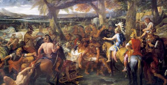 A painting by Charles Le Brun (1673) depicting Alexander and Porus (Puru) during the Battle of the Hydaspes