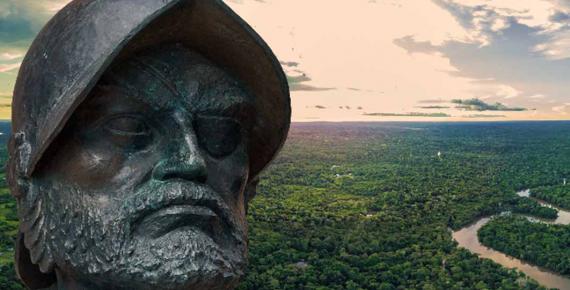 Bust of Fransisco de Orellana (Ricardo Algár/Adobe Stock) Amazon rainforest (William Perez/Adobe Stock)