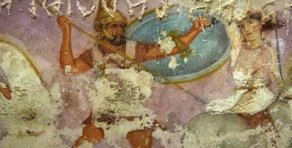 A Greek fighting an Amazon. Detail from painted sarcophagus found in Italy, 350-325 BC (Sailko/CC BY-SA 3.0)