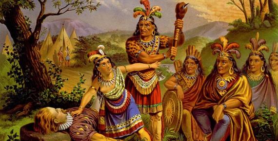 Pocahontas saves the life of John Smith in this chromolithograph, credited to the New England Chromo. Lith. Company around (1870). (Public Domain)