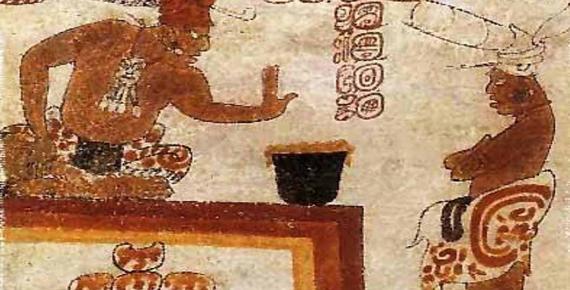 A Maya lord forbids an individual from touching a container of chocolate. (Public Domain)