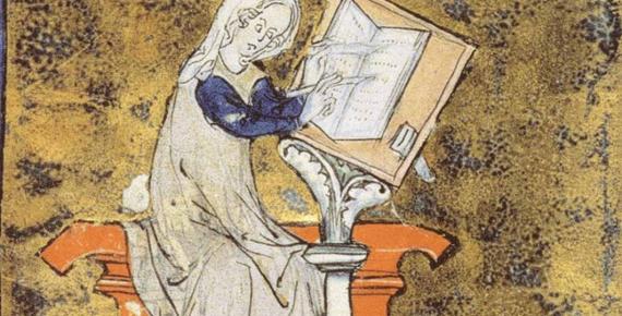 Marie de France from an illuminated manuscript (Public Domain)