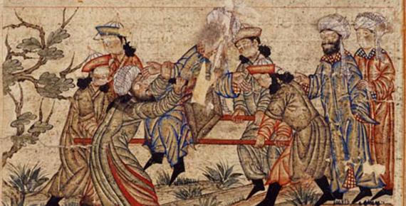 An agent of the Assassins (left, in white turban) fatally stabs Nizam al-Mulk, a Seljuk vizier, in 1092 AD. (14th-century AD manuscript) Topkapi Palace Museum, Istanbul (Public Domain)