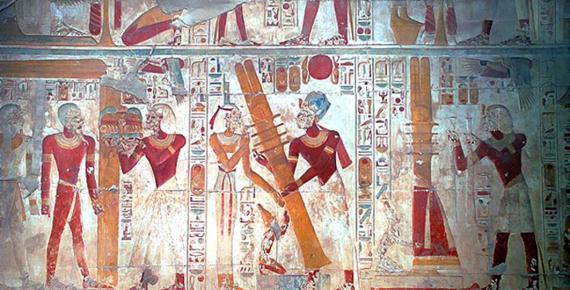 A scene on the west wall of the Osiris Hall at Abydos shows the raising of the Djed pillar. 