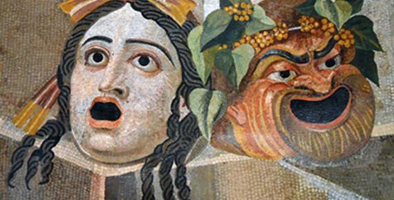 Theatrical masks of Tragedy and Comedy. Mosaic, Roman artwork, 2nd century CE. Capitoline Museums, Rome, Italy 