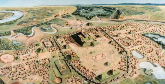 A painting of Cahokia Mounds State Historic site by William R. Iseminger. Source: William R. Iseminger