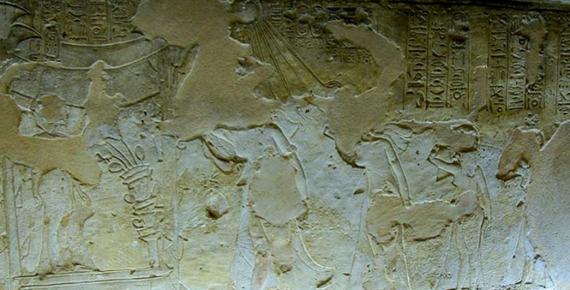  The ‘mourning scene’ on the East wall in the Royal Tomb at El-Amarna (TA 26B - Chamber gamma). Akhenaten is shown leading the royal family in grieving the death of Princess Meketaten, their second daughter, who stands inside a pavilion associated with childbirth. Julian Tuffs.