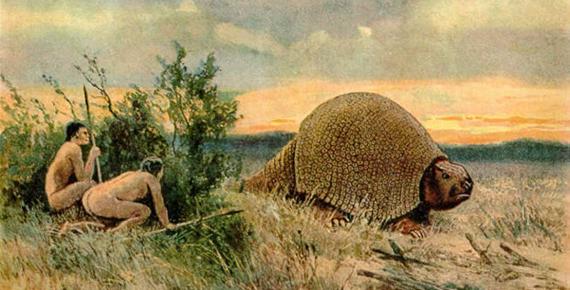 Illustration of Paleo-Indians hunting a glyptodont by Heinrich Harder (1858-1935)