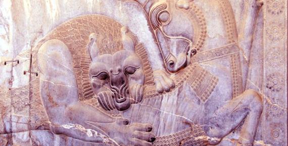 Relief on the Apadana Staircase on the eastern wall [of the Apadana Palace] from the ruins at Persepolis, “the Persian City”, ceremonial capital of the Achaemenid Empire. Deriv 