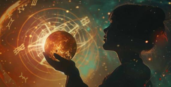 Image of a fortune teller gazing into a glowing orb, zodiac symbols orbiting around, divining the future amidst the cosmos.	Source: Jenjira/Adobe Stock
