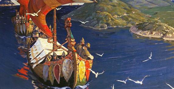 Guests from Overseas (1901) by Nicholas Roerich, depicting a Viking raid. Tretyakov Gallery, Moscow. (Public Domain)