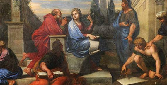 Aspasia surrounded by Greek philosophers, by Michel Corneille the Younger  (1670) Versailles (Public Domain)