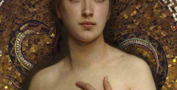 Pandora, Bouguereau, 1890 (Public Domain) and mosaic of Eve and snake