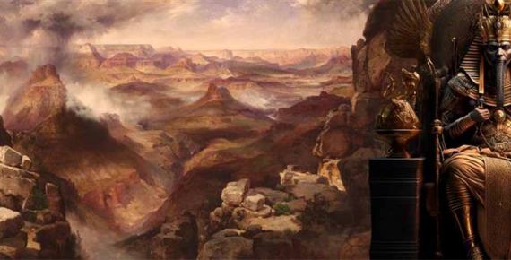 Grand Canyon of the Colorado River (1892–1908) by Thomas Moran, illustrator of John Powell’s book (Public Domain) and Pharaoh on a Throne (amith/ (Adobe Stock)