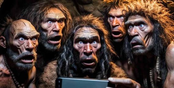 Cavemen puzzled by a mobile phone  ( Blue Planet Studio/Adobe Stock)
