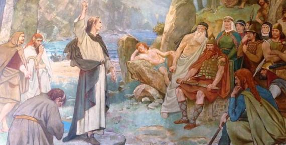 Saint Columba converting King Brude of the Picts to Christianity by William Hole (1899) (Public Domain)