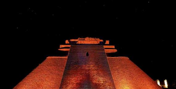 The Pyramid of the Magician at Uxmal, a Maya observatory, under a starry sky which includes the constellation of Orion, to the left. (Image: © Jonathon Perrin)