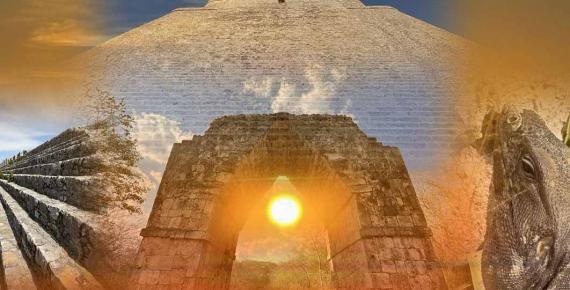 Clockwise from top: Pyramid of the Magician at Uxmal, iguana at Uxmal, Kabáh Arch, the Palace at Dzibilchaltún, all set over the rising sun captured at Yaxuna. (Image Deriv: Courtesy © Dr Jonathon Perrin)