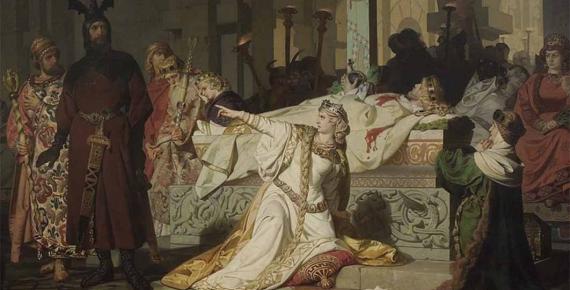 Kriemhild accuses Hagen of murdering Sigfrid after Sigfrid's wounds begin to bleed in Hagen's presence, by Emil Lauffer (1879) (Public Domain)