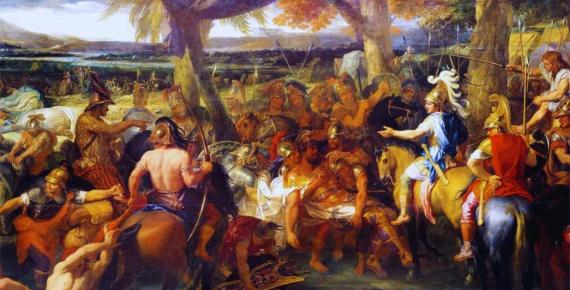 A painting by Charles Le Brun, French painter and art theorist, depicting Alexander and Porus during the Battle of the Hydaspes (1673) design by Anand N. Balaji (Public Domain); Deriv. 